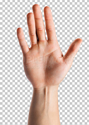 Buy stock photo Shot of an unrecognizable man showing his palm against a white background