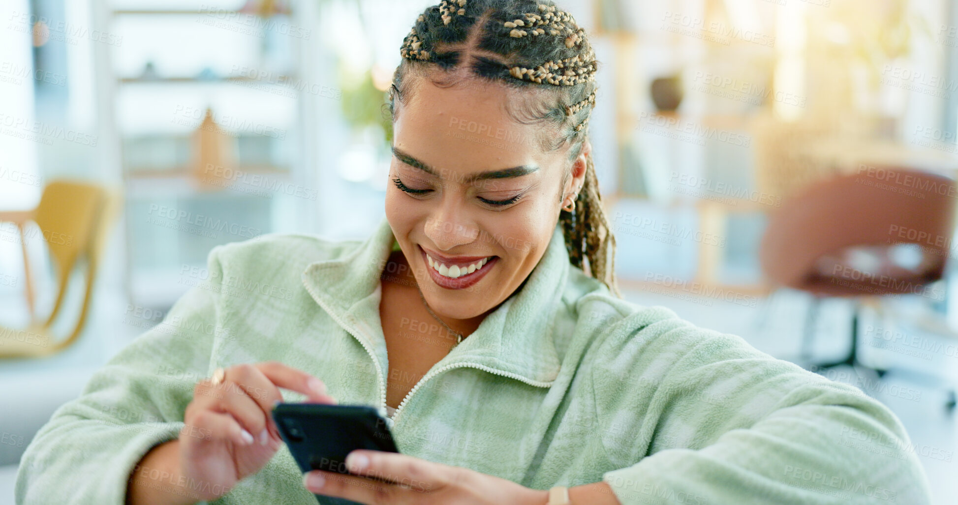 Buy stock photo Happy, woman and scroll with phone on sofa in home, living room or apartment with internet communication or contact. Funny, meme or video on social media or person typing in chat online and cellphone