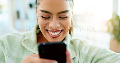 Buy stock photo Happy, typing and woman with phone on sofa in home, living room or apartment with internet communication to contact us. Funny, meme or video on social media and person chat online with cellphone