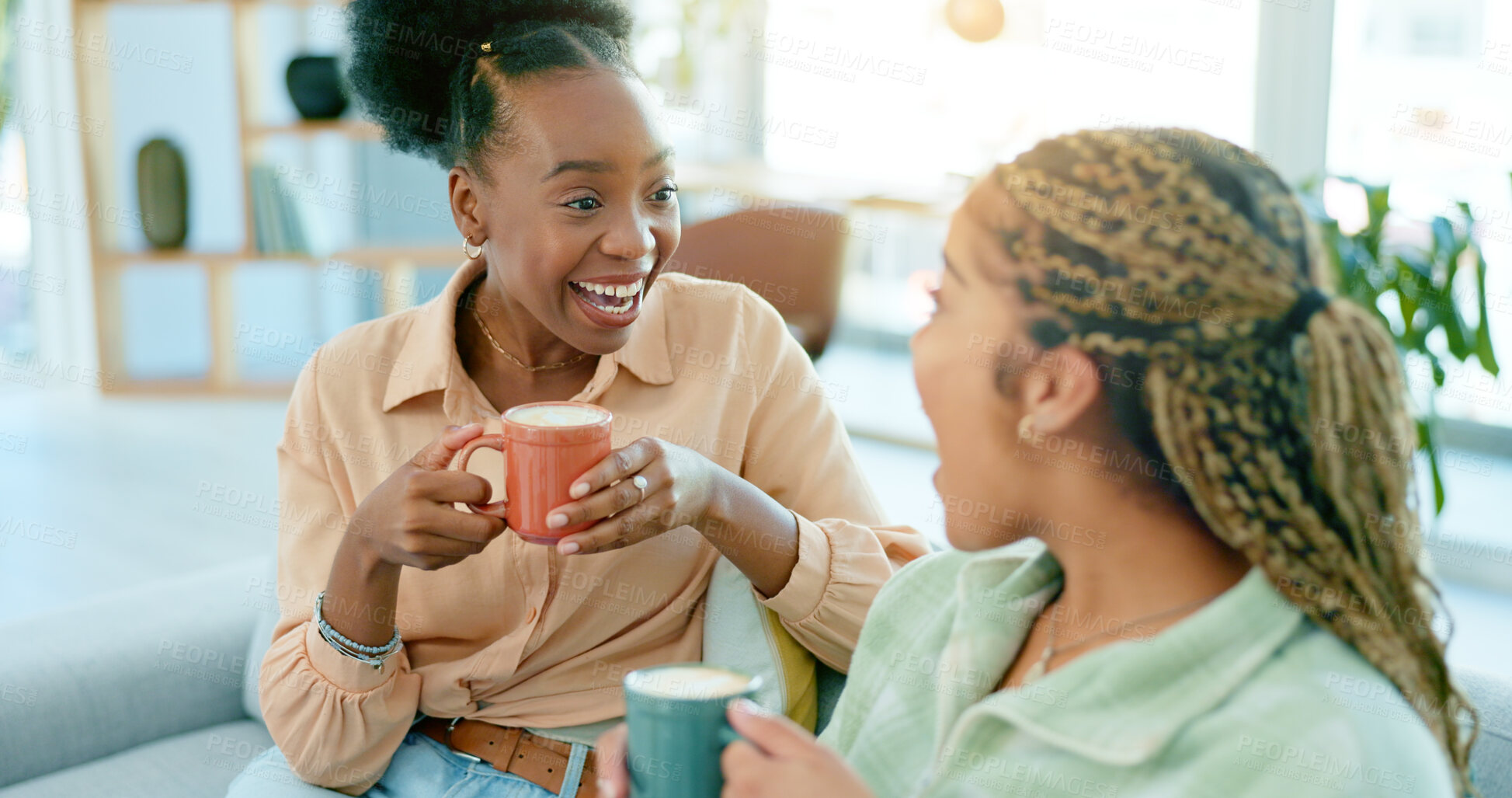 Buy stock photo Happy, talking and women with coffee on the sofa for gossip, secret or conversation in a house. Excited, relax and a black woman with a girl or friends with communication, tea and story on the couch