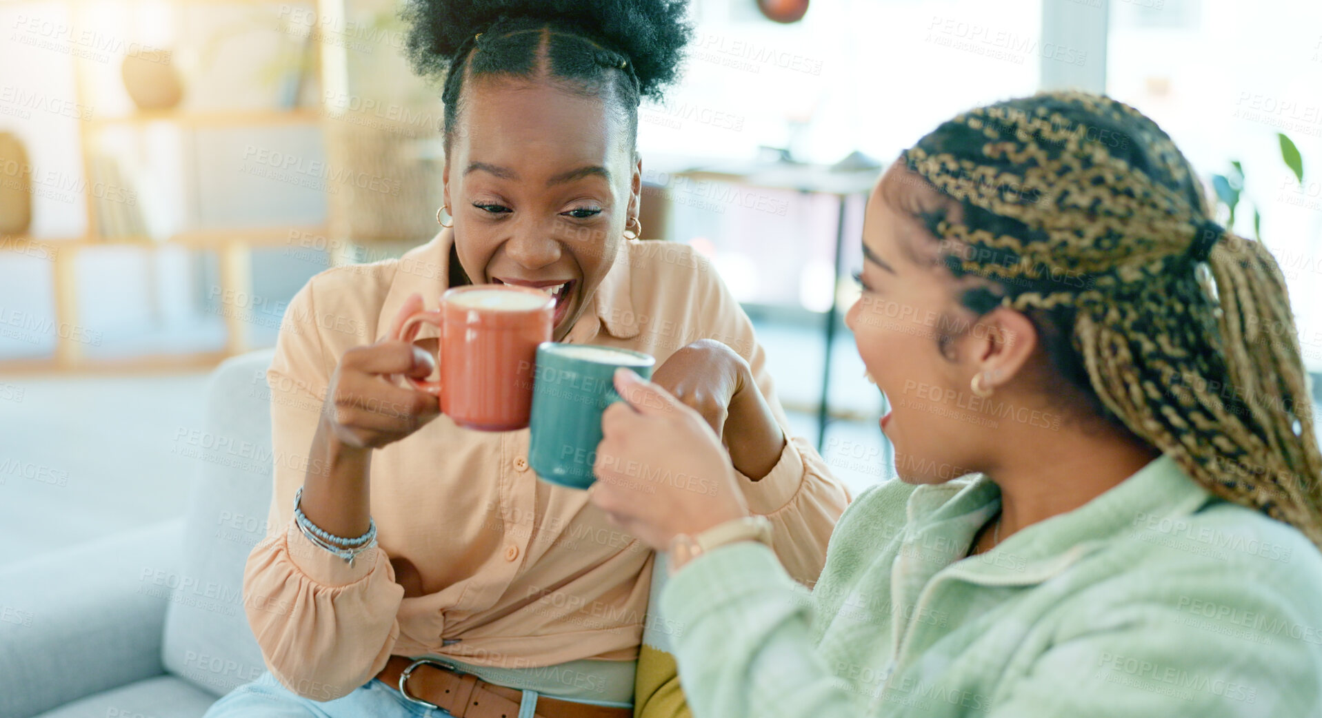 Buy stock photo Home, friends and women with coffee, funny and relax with conversation, weekend break and communication. Apartment, people and girls with tea, cheers and discussion with support, talking and espresso