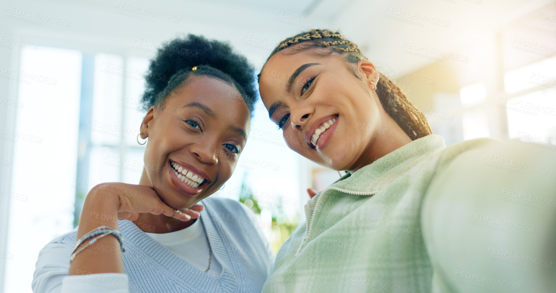 Buy stock photo Happy woman, portrait and friends for selfie, photography or memory together for weekend at home. Female person or people smile in happiness for photograph, social media or holiday picture in house