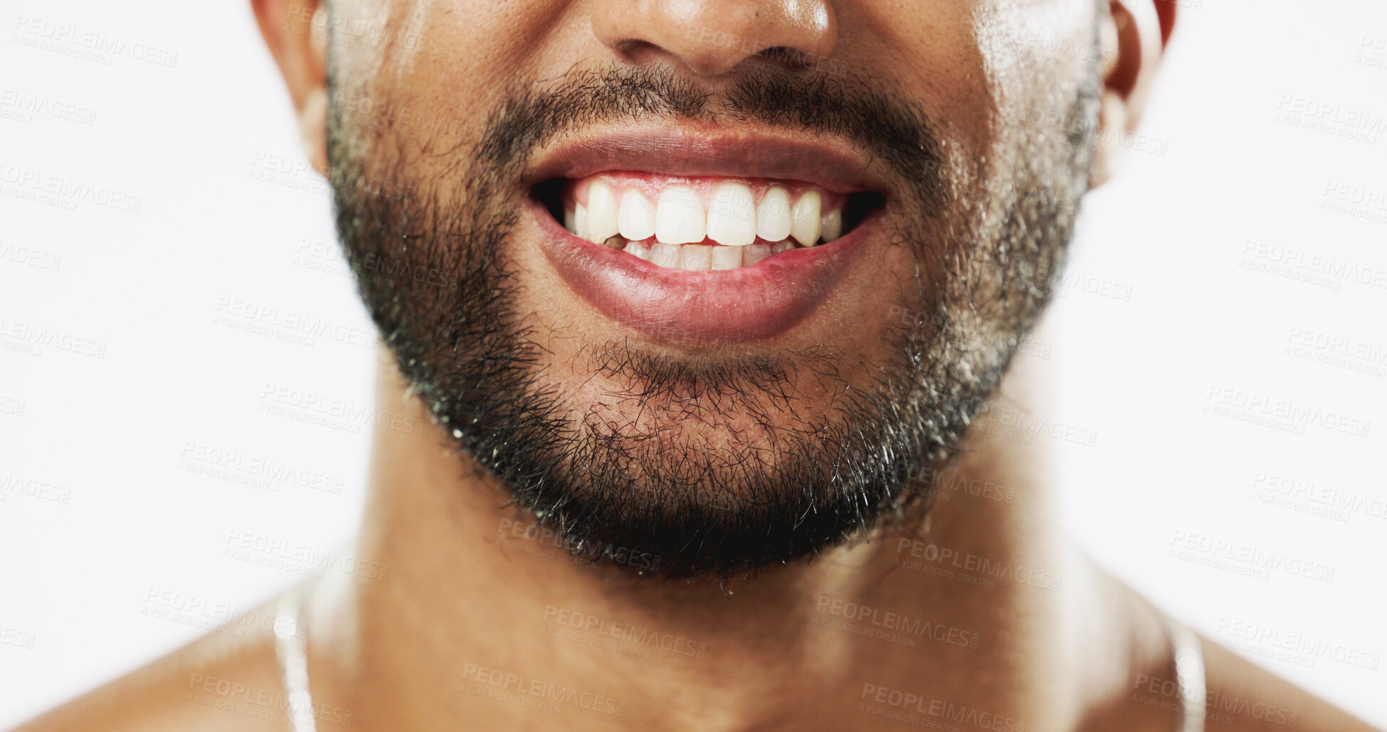 Buy stock photo Man, teeth whitening and dental with closeup of mouth, beauty or cosmetic with health on white background. Self care, oral hygiene and orthodontics, fresh breath and veneers with smile in studio