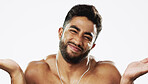 Uncertain confused and face of man in studio for wellness, skincare and hygiene on white background. Doubt, portrait and indian male model with unsure shrugged shoulders contemplating beauty cosmetic or body care