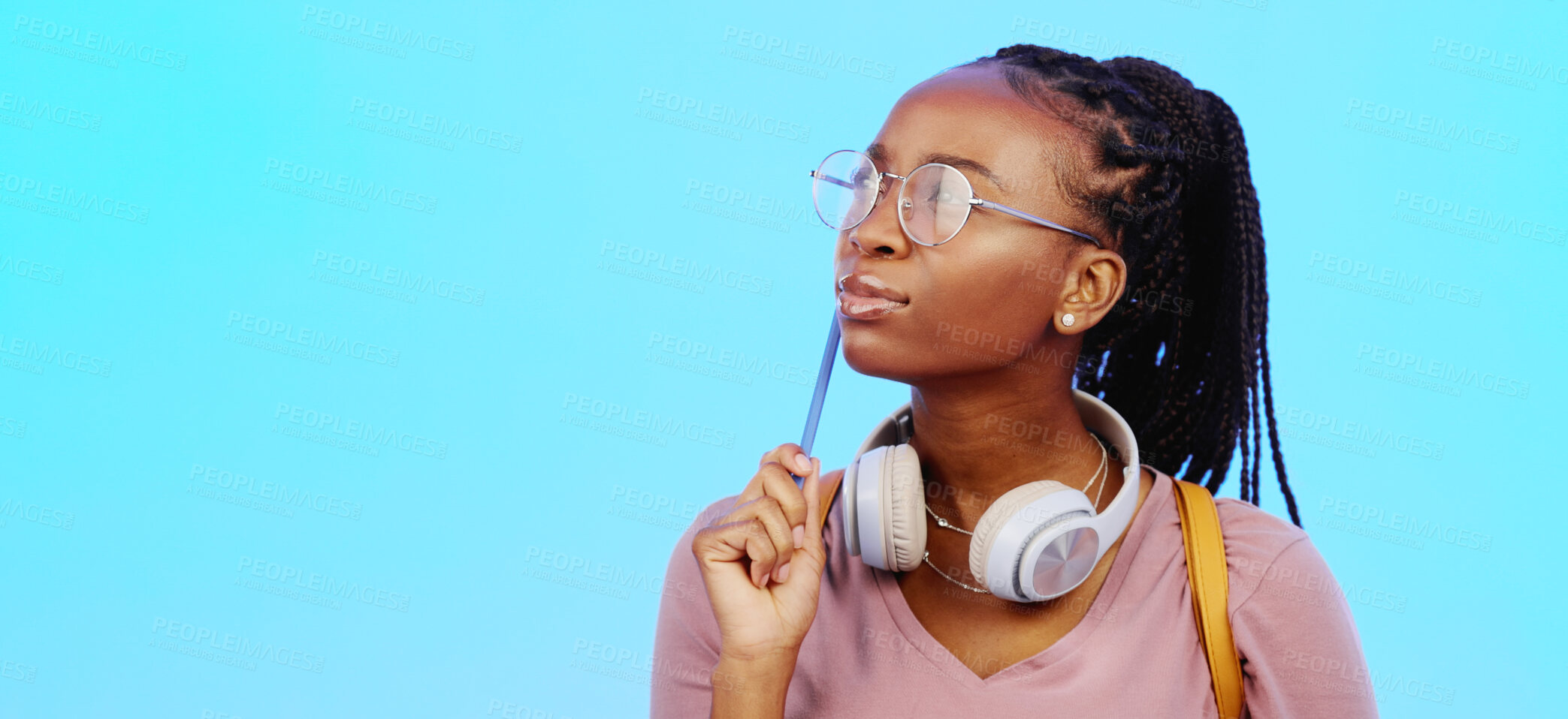 Buy stock photo Student, woman thinking and ideas for university choice, scholarship funding and education or solution in studio. African person with college decision or question on blue background and banner space