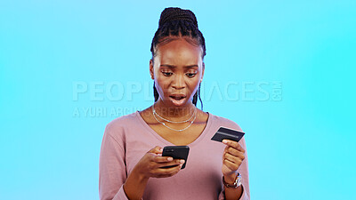 Credit card fraud, phone scam or black woman with anxiety by fintech breach or financial theft. Password phishing, money stolen or banking privacy risk by online crime in studio on blue background