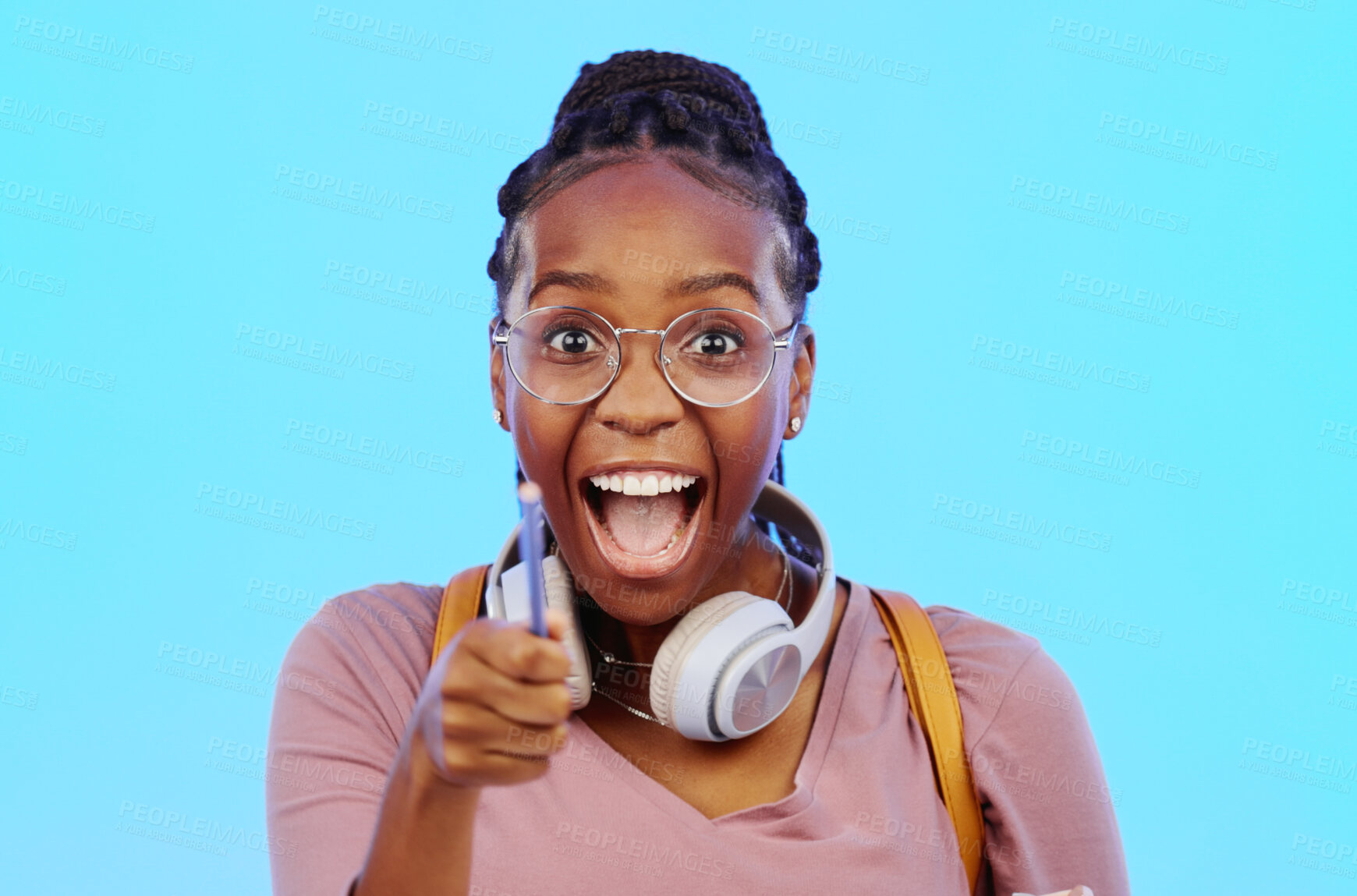 Buy stock photo Wow, thinking and aha with a black woman in studio on a blue background looking thoughtful or surprised. Idea, wonder and eureka with an attractive young female feeling shocked or contemplative