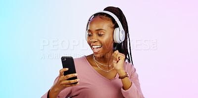 Dance, music and headphones with black woman and phone in studio for freedom, streaming and online radio. Happiness, technology and relax with girl dancing to track, songs and audio on background