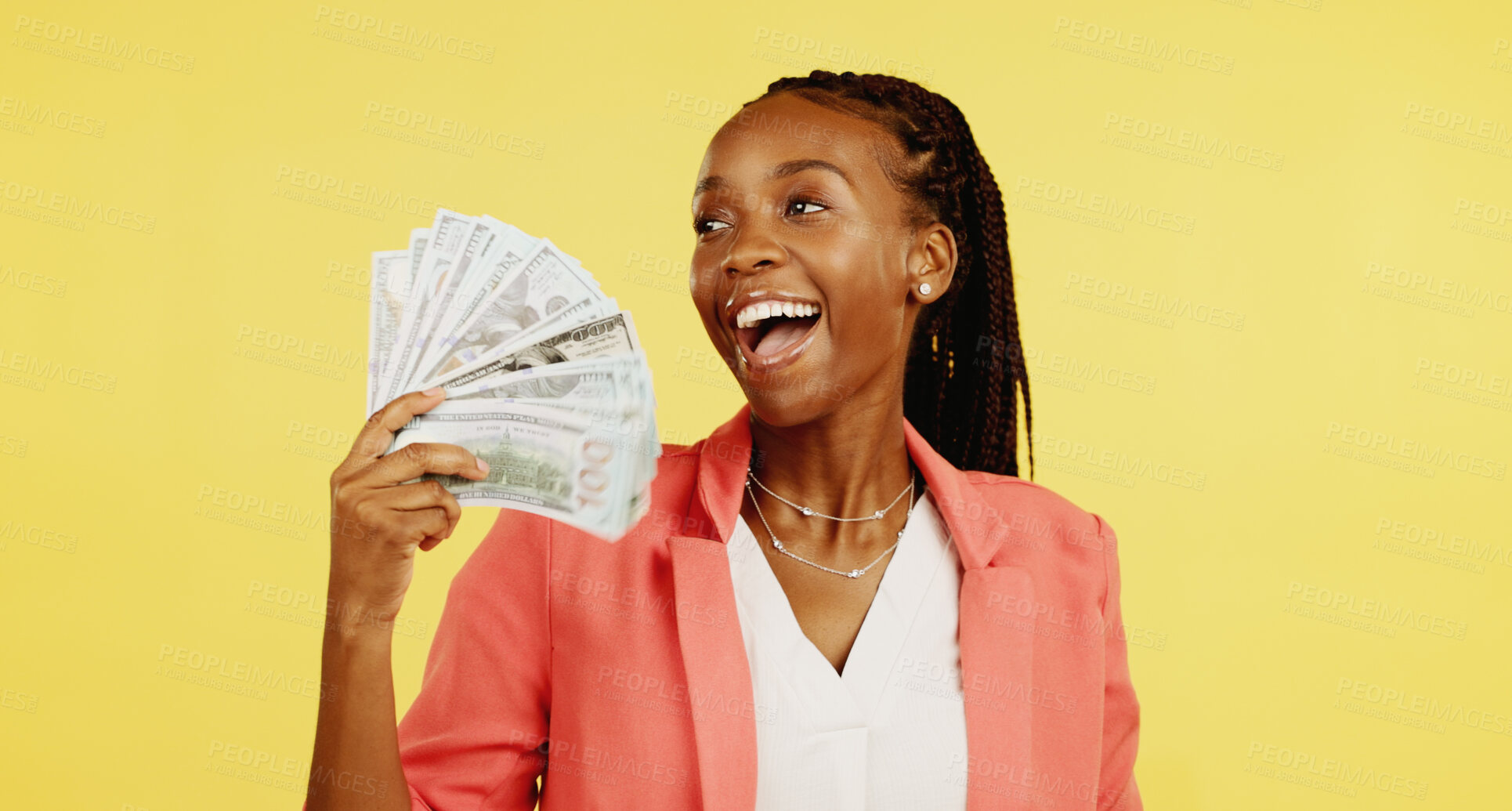 Buy stock photo Black woman, winner and money fan for success, bonus or winning of lottery competition, profit or cashback in studio. Excited person with cash wow, financial freedom and savings on yellow background