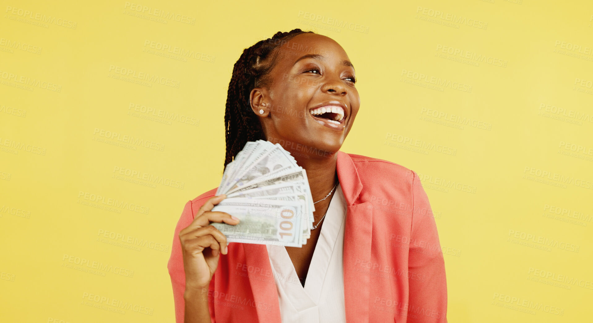 Buy stock photo Happy woman, winner and money fan for success, bonus or winning of lottery competition, profit or cashback in studio. African person with cash wow, financial freedom and excited on yellow background