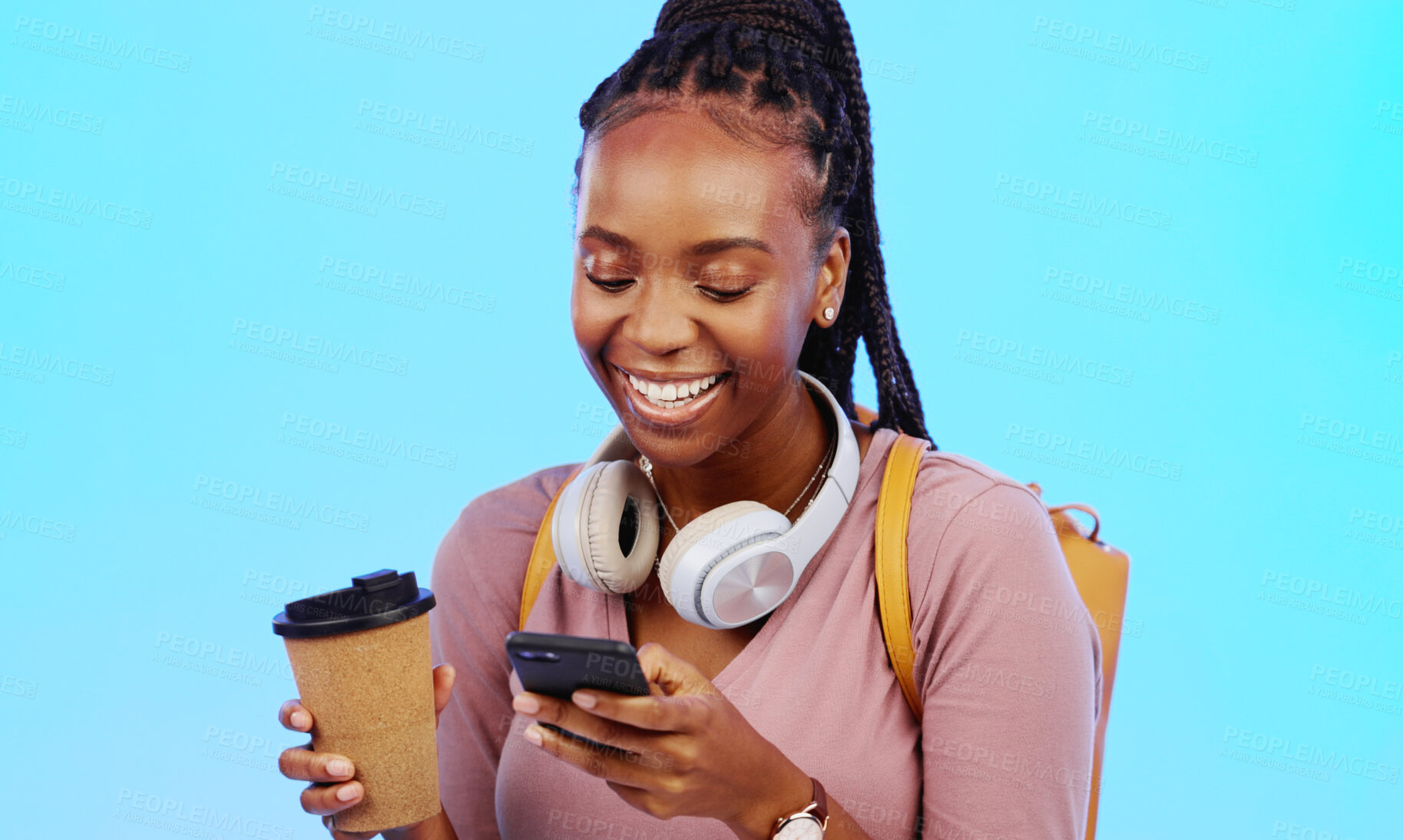 Buy stock photo Woman, student and phone for education chat, social media or e learning communication on coffee break in studio. African person typing on mobile for university contact, FAQ or news on blue background