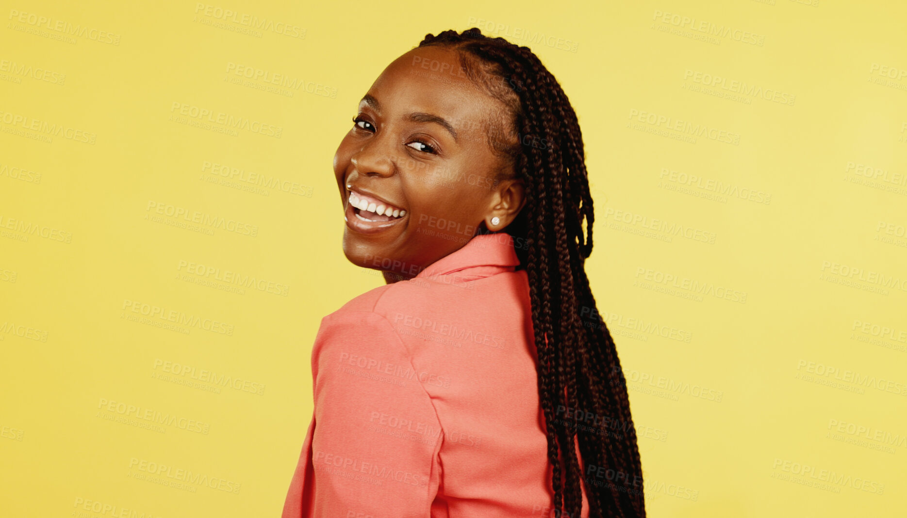 Buy stock photo Portrait, fashion and excited black woman in business at studio isolated on a yellow background mockup space. Face, smile and funny person laughing in clothes for style, trendy and happy in Nigeria