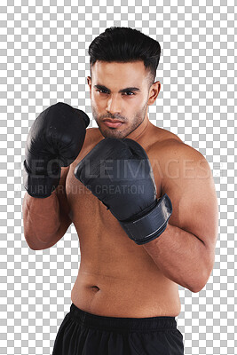 Boxing gloves, portrait and man training in sports fight, challenge or mma competition on studio background. Strong, focus and fitness guy, professional boxer champion and bodybuilder, fist and power