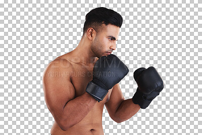 Fitness, boxing gloves and sports man ready for exercise, training and workout in studio for health, wellness and sport. Male motivation to box, fight and hit for energy, competition and inspiration