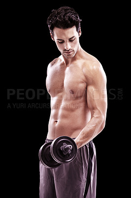 Buy stock photo Bodybuilder, strong man and dumbbell workout on black background, studio and six pack fitness. Sexy male athlete, sports and exercise with weights for muscle training, results and power in challenge