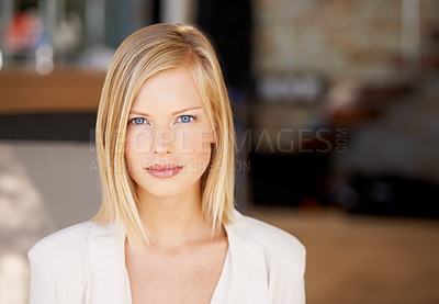 Buy stock photo Face, young serious woman at her office and in a blurred background. Portrait of confident or proud person, corporate manager or worker and closeup of female professional with focus in Denmark
