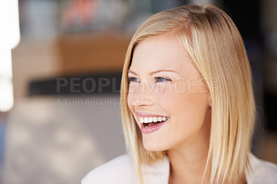 Buy stock photo Laughing, beauty and face of a funny woman with natural makeup, cosmetic and glow. Female model person thinking of space or idea for happiness, comic mindset and confidence for headshot or motivation