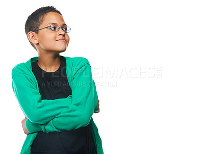 Buy stock photo Space, arms crossed and casual with child in studio for thinking, learning and future. Cool, doubt and attitude with young person isolated on white background for idea, education and glasses mockup