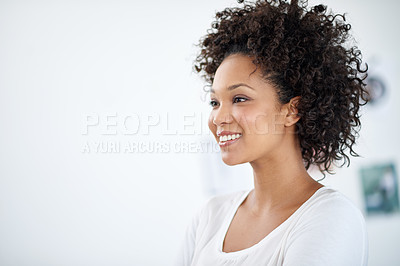 Buy stock photo Business woman, face and smile thinking of future with vision for corporate success at office. Happy person smiling about company dream, idea or goals at workplace