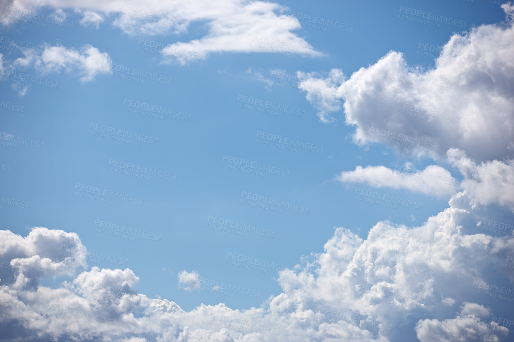 Buy stock photo Blue sky, clouds and background in nature, outdoor and climate with space, pattern or heaven. Environment, cloud and natural shape for meteorology, weather and air with light, freedom and summer