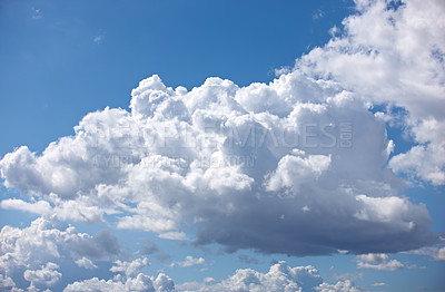 Buy stock photo Nature, space and climate with clouds in blue sky for heaven, peace and environment. Sunshine, mockup and dream with fluffy cloudscape in ozone air for freedom, pattern and weather meteorology