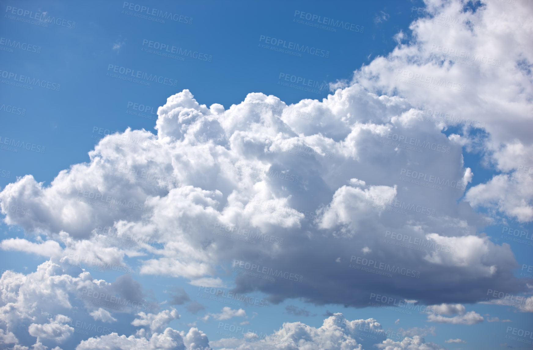 Buy stock photo Nature, space and climate with clouds in blue sky for heaven, peace and environment. Sunshine, mockup and dream with fluffy cloudscape in ozone air for freedom, pattern and weather meteorology