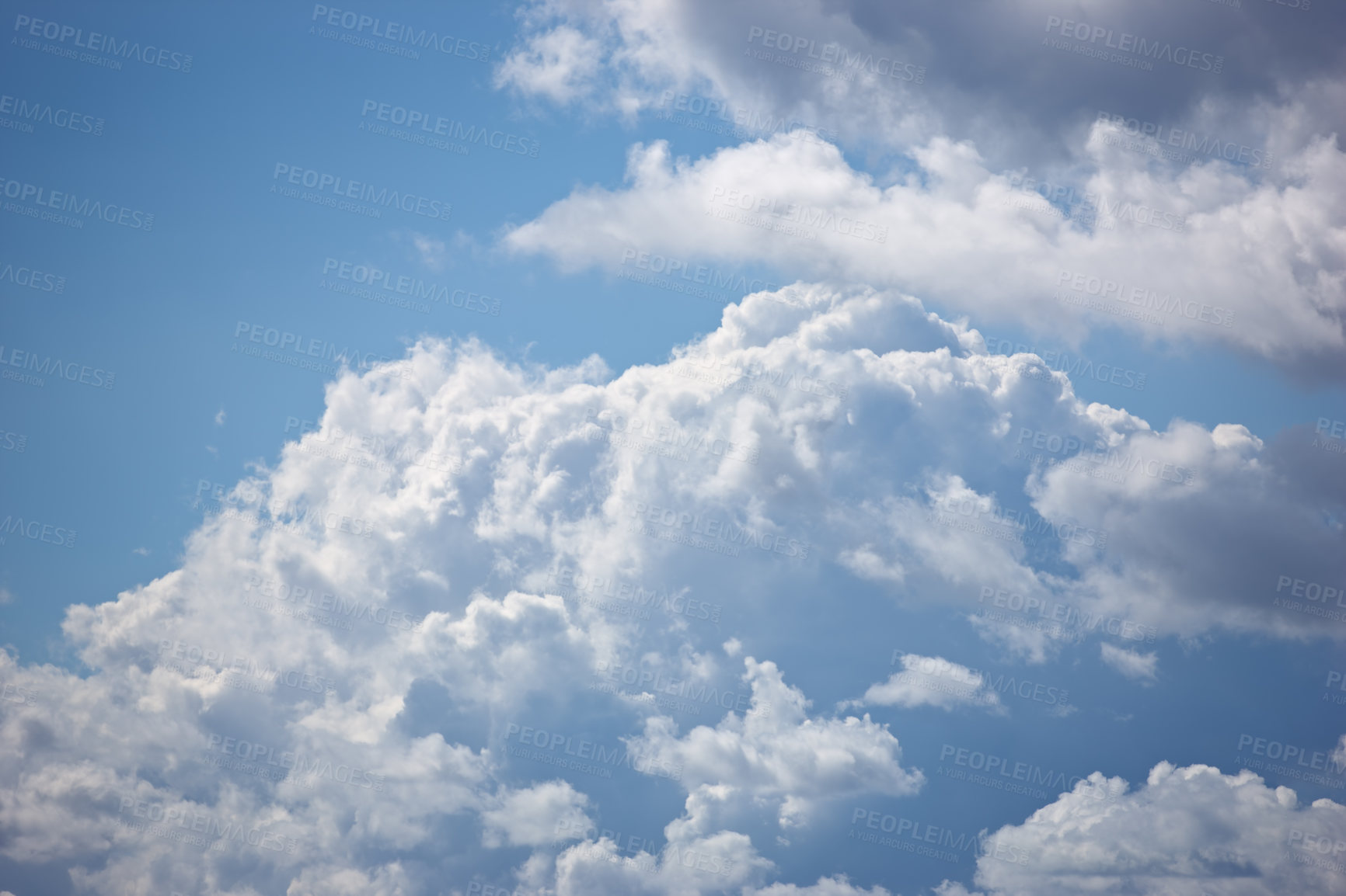 Buy stock photo Nature, space and pattern with clouds in blue sky for heaven, peace and climate. Sunshine, mockup and dream with fluffy cloudscape in ozone air for freedom, environment and weather meteorology