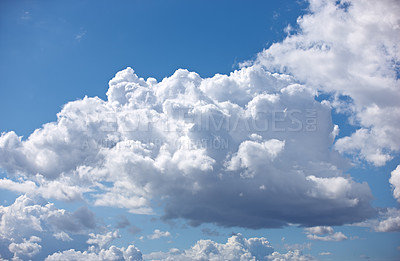 Buy stock photo Nature, space and weather with clouds in blue sky for heaven, peace and climate. Sunshine, mockup and dream with fluffy cloudscape in ozone air for freedom, pattern and environment meteorology