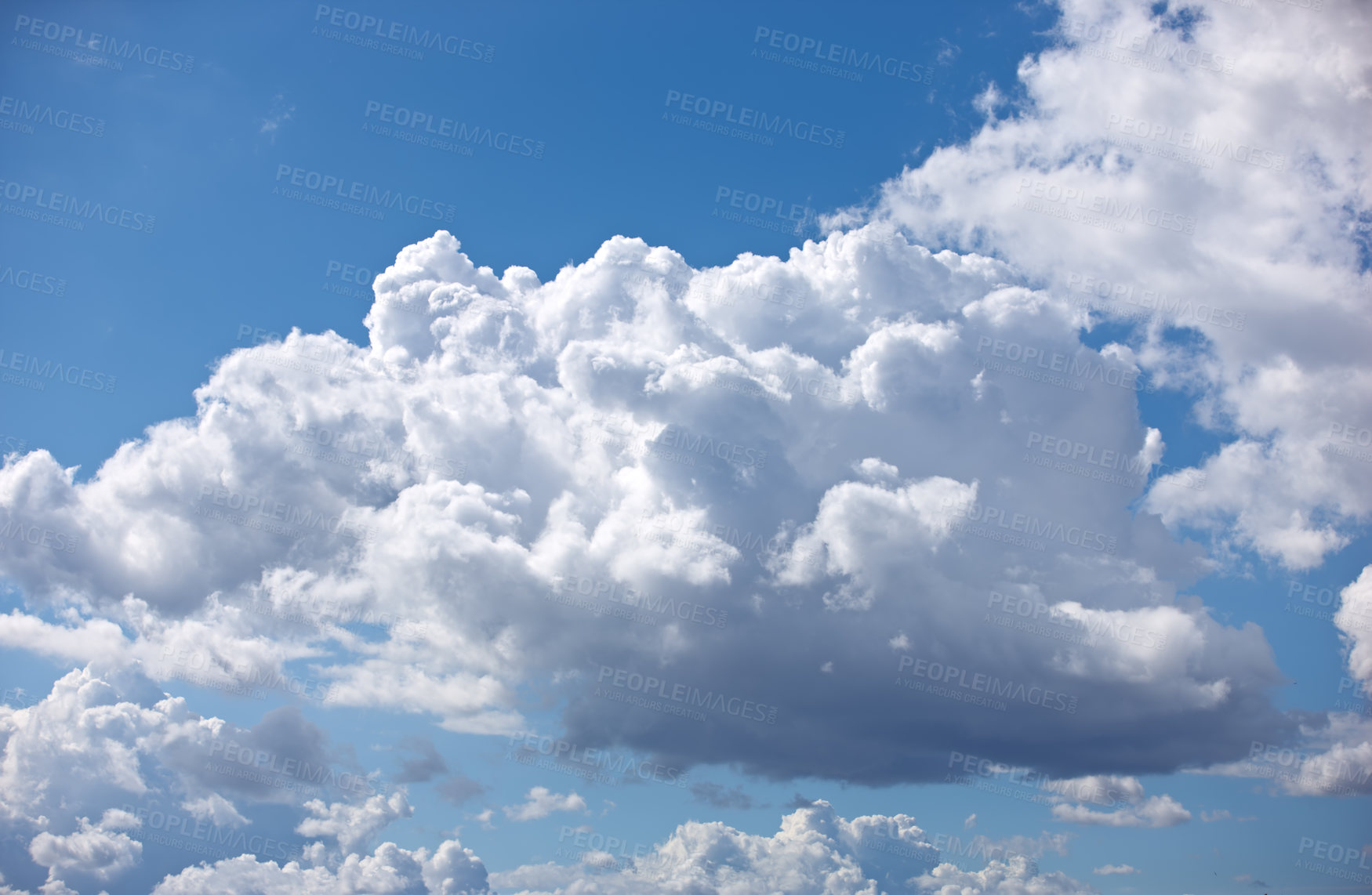 Buy stock photo Nature, space and weather with clouds in blue sky for heaven, peace and climate. Sunshine, mockup and dream with fluffy cloudscape in ozone air for freedom, pattern and environment meteorology