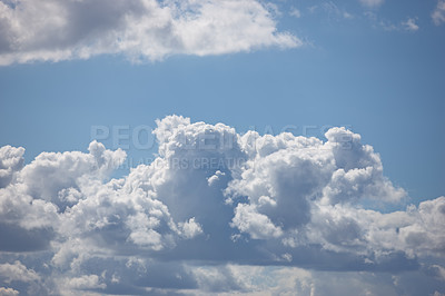 Buy stock photo Nature, space and sunshine with clouds in blue sky for heaven, peace and climate. Environment, mockup and dream with fluffy cloudscape in ozone air for freedom, pattern and weather meteorology
