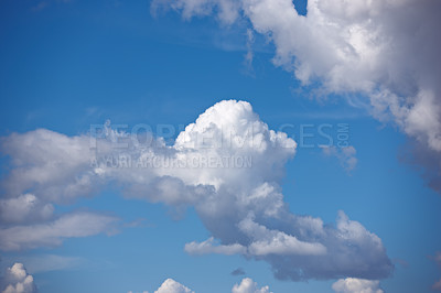 Buy stock photo Heaven, space and environment with clouds in blue sky for nature, peace and climate. Sunshine, mockup and dream with fluffy cloudscape in ozone air for freedom, pattern and weather meteorology