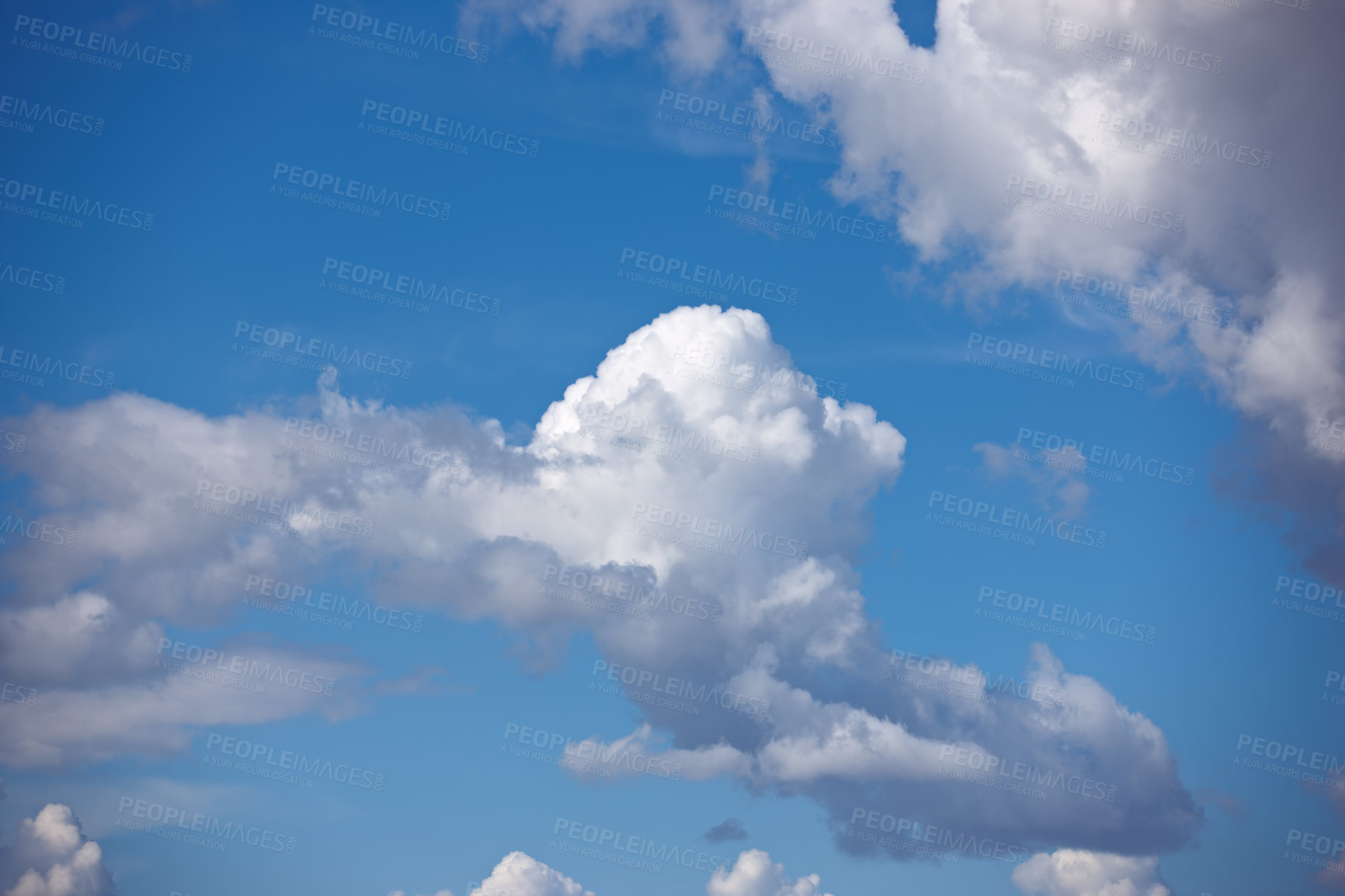 Buy stock photo Heaven, space and environment with clouds in blue sky for nature, peace and climate. Sunshine, mockup and dream with fluffy cloudscape in ozone air for freedom, pattern and weather meteorology