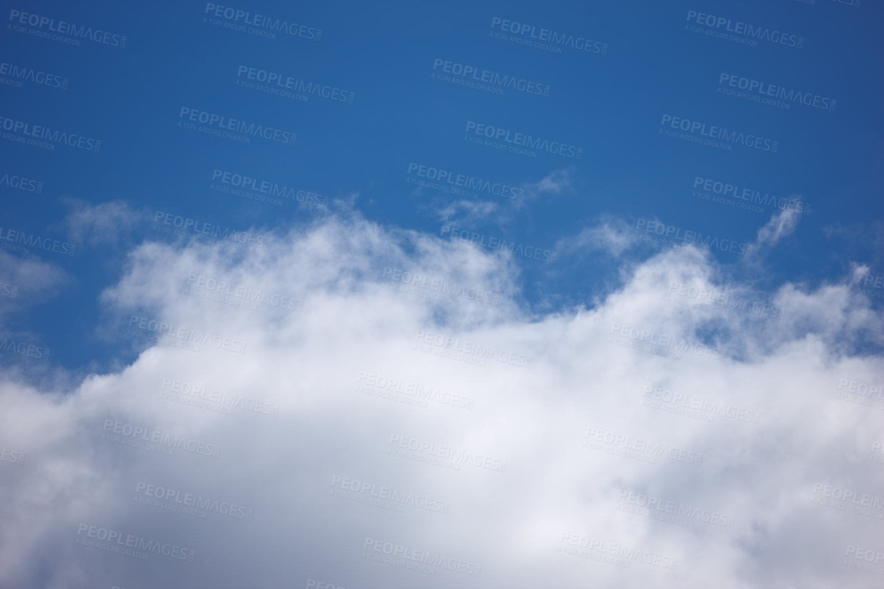 Buy stock photo Nature, space and atmosphere with clouds in blue sky for heaven, peace and climate. Sunshine, mockup and dream with fluffy cloudscape in ozone air for freedom, pattern and weather meteorology