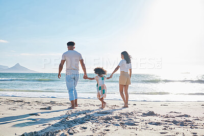 Buy stock photo Love, family and walking on beach for summer vacation or mom or dad and kid relax on a seaside holiday for quality bonding time. Mother, father and child on nature travel or adventure or journey 