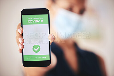 Buy stock photo Covid passport, QR code and phone in the hand of a woman refugee or passenger ready for immigration and travel. Closeup of 5g mobile technology for safety during the global corona virus epidemic