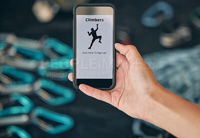 Buy stock photo Man, hands and phone qr code for rock climbing, mountain sports and energy fitness for workout, training and exercise. Zoom on marketing coding, health wellness app and climber barcode for membership