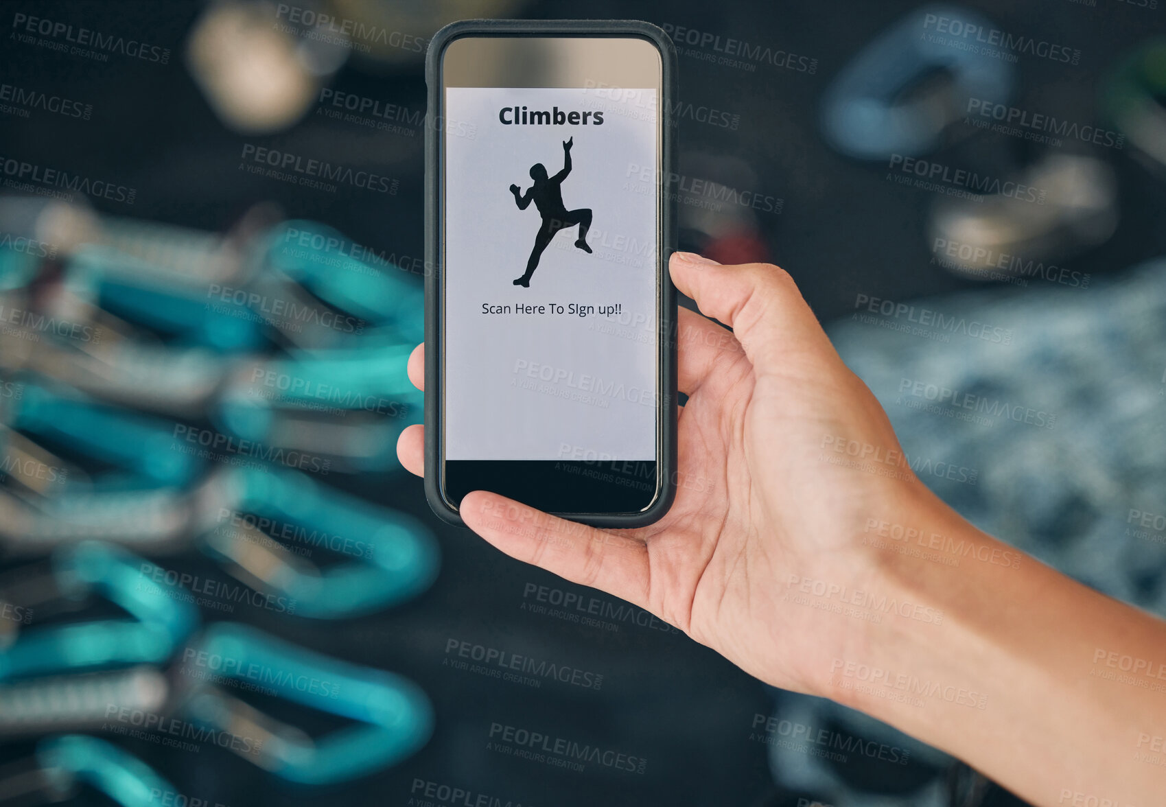 Buy stock photo Man, hands and phone qr code for rock climbing, mountain sports and energy fitness for workout, training and exercise. Zoom on marketing coding, health wellness app and climber barcode for membership