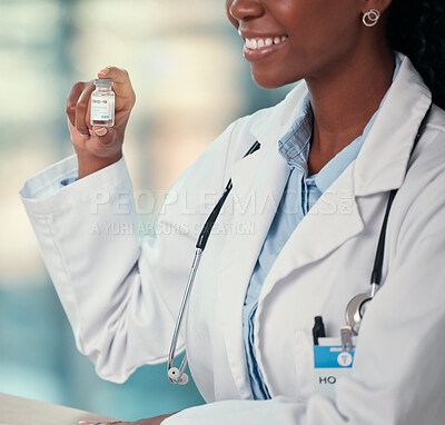 Buy stock photo Covid, doctor hands and black woman with vaccine vial for virus or corona. Bottle, medical professional and person with vaccination, medicine or pharmaceutical drugs for happy healthcare at hospital.