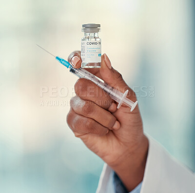 Buy stock photo Healthcare, close hand of doctor with syringe and covid vaccine at a hospital. Medication, treatment and nurse or surgeon hands with medical injection needle for health wellness for corona virus