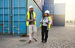 Logistics supply chain, black people work in ecommerce and shipping cargo industry. African man walking in industrial container site, black woman talking at export company and delivery distribution
