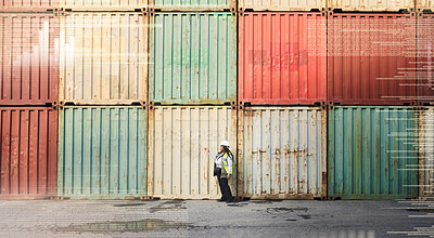 Buy stock photo Shipping container cargo engineer black woman check distribution supply chain logistics and delivery storage. Logistics, business and industry manager audit working at freight stock export company