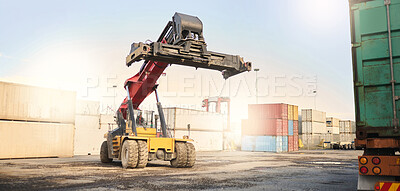Buy stock photo Loading contractor, logistics and cargo containers at storage in shipyard for supply chain, distribution and warehouse. Shipping and transport of goods for import and export at international harbor