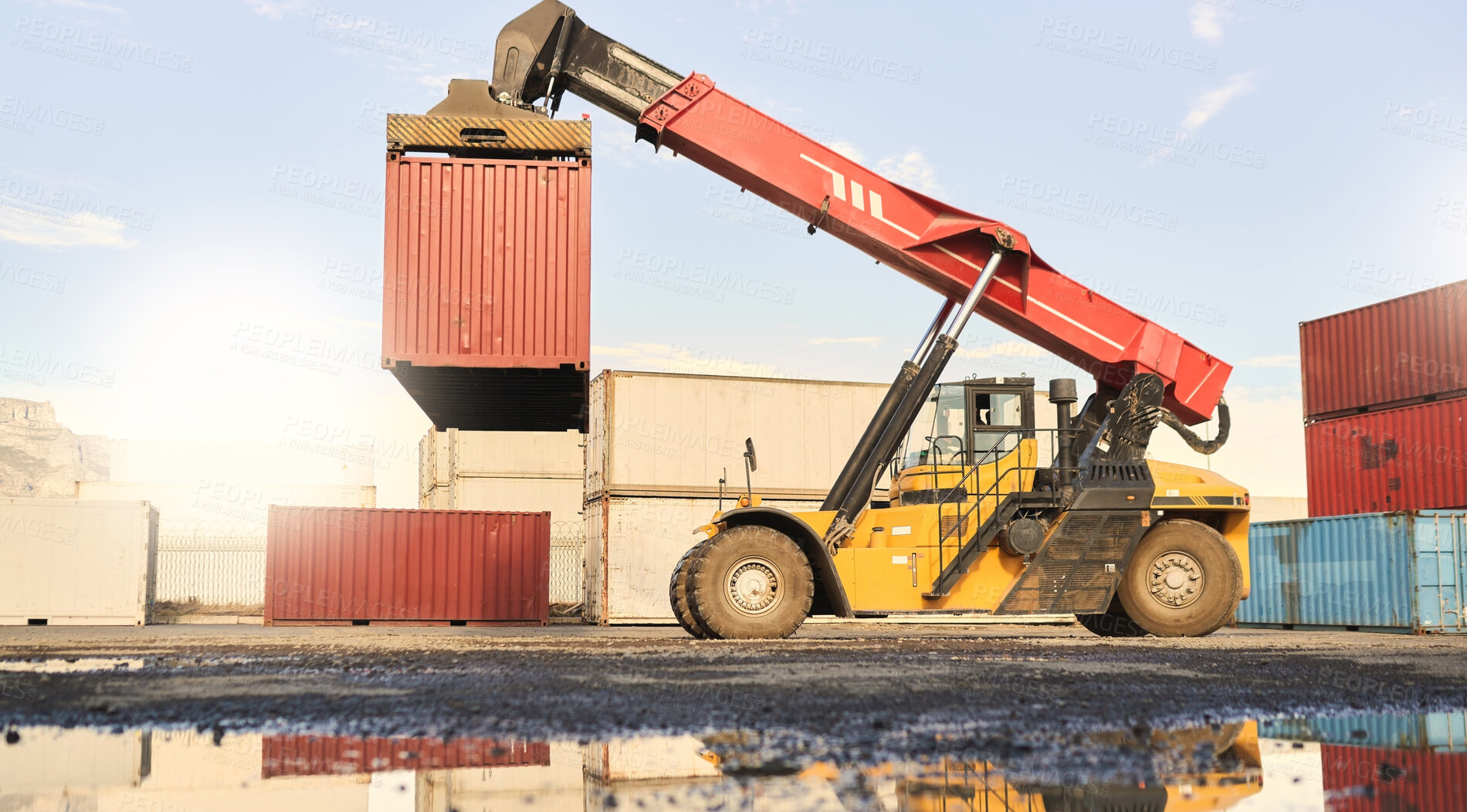 Buy stock photo Container, forklift and port for supply chain, logistics and cargo industry. Vehicle, crane and transport of stock for shipping with tractor, machine or industrial loader at shipyard in Cape Town