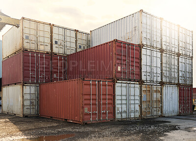 Buy stock photo Container, shipping and logistics cargo storage on a port for international and global freight transport. Ecommerce stock, delivery service or trade of commercial distribution at outdoor supply chain