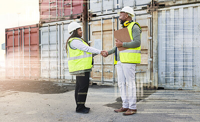 Buy stock photo Logistics handshake, futuristic ecommerce and team doing b2b business at outdoor distribution warehouse. African shipping employees with welcome during partnership meeting at a container factory