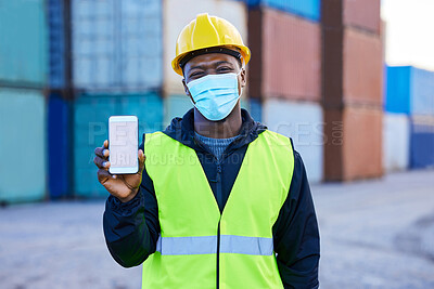 Buy stock photo Man, worker and covid health qr code passport on phone of immunity at work site in portrait. Black, shipping employee vaccine digital certificate in a mask and disease prevention in pandemic. 