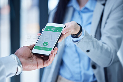 Buy stock photo Covid, hands and vaccine passport on smartphone for travel, safety or security during virus pandemic at the airport. Woman hand in corona QR code for international or global traveling on phone app