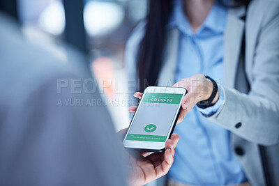 Buy stock photo Covid travel passport, phone qr code certificate and vaccine health identity at airport immigration security. Woman hands check mobile app for corona virus safety, digital data and wellness risk test