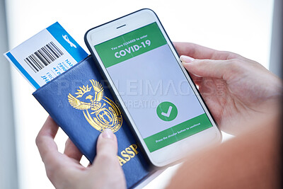 Buy stock photo Passport, travel and covid vaccine phone QR barcode of hands holding documents for immigration. Plane ticket, digital airplane pass and identity document for holiday, vacation or international trip 