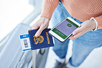Phone, covid passport and qr code in the hands of a woman passenger in the airport for immigration, travel or control. Security, app and mobile with a female traveler holding her identity documents